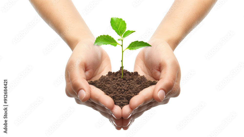 Pair of hands gently holding a young green plant sprout with soil isolated on transparent background
Pair of hands gently holding a young green plant sprout with soil isolated on transparent background