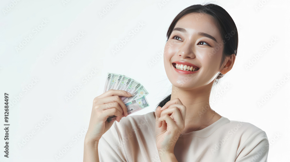Asian woman smiling, holding South Korean won bills, and thinking, isolated on a white background Asian woman smiling, holding South Korean won bills, and thinking, isolated on a white background
