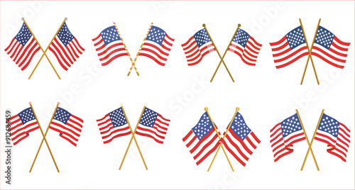 Two crossed American flags on a pole, Crossed American flag vector, Two crossed American flag, USA flag crossed