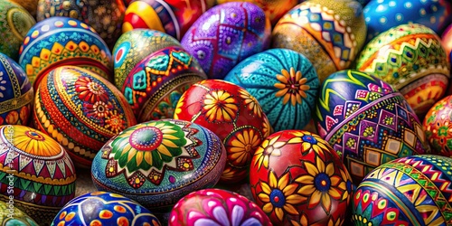 Colorfully painted Easter eggs in vibrant hues and intricate designs, Easter, eggs, holiday, spring, celebration, traditional