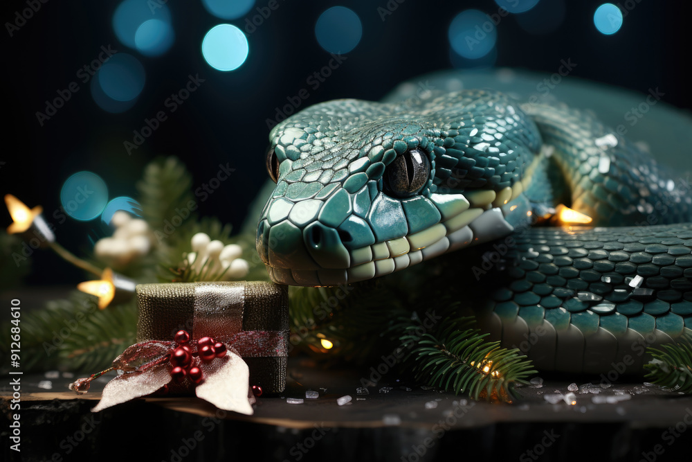 Fototapeta premium A green snake rests elegantly among holiday decorations and twinkling lights