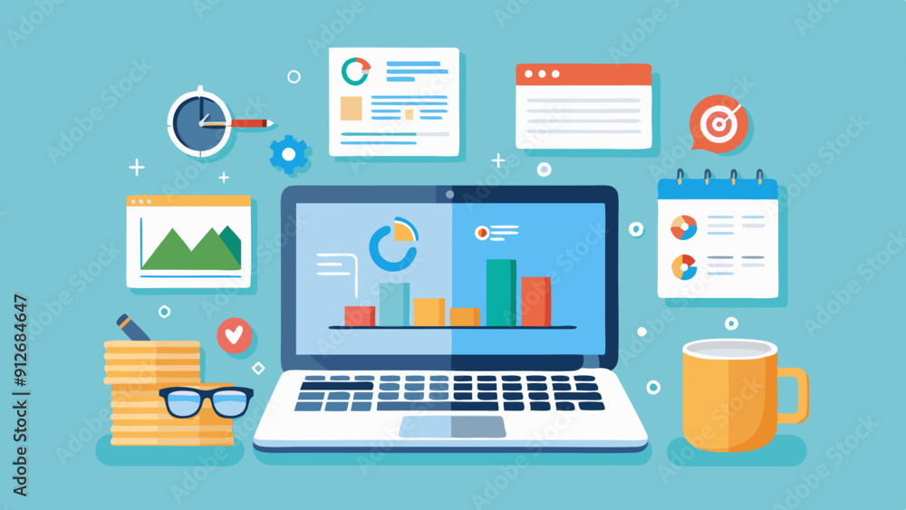 Laptop with SEO Analysis Tool Interface and SEO Strategy Diagram on Whiteboard. Perfect for: Marketing Workshops, Home Offices Laptop with SEO Analysis Tool Interface and SEO Strategy Diagram on Whiteboard. Perfect for: Marketing Workshops, Home Offices