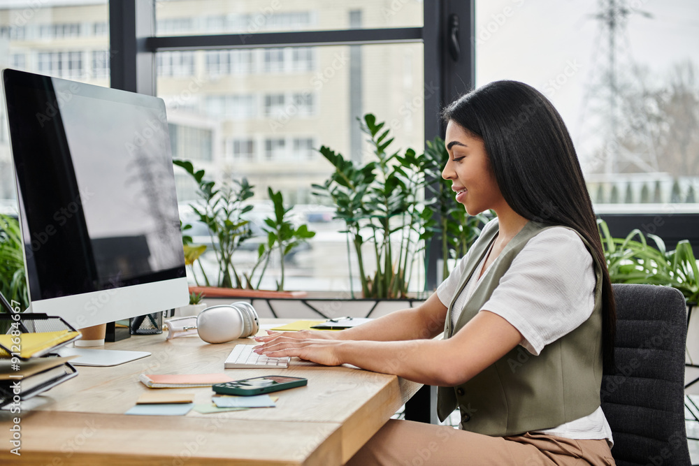 Bright and serene workspace featuring a woman engaged in focused typing. Bright and serene workspace featuring a woman engaged in focused typing.