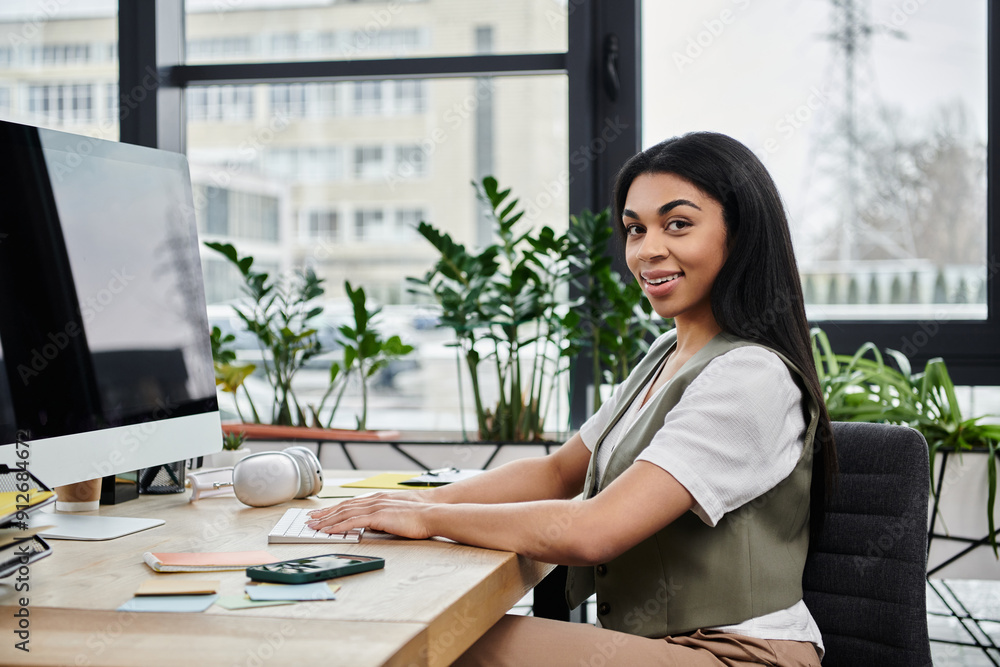 A poised woman engages with her computer in a vibrant workspace. A poised woman engages with her computer in a vibrant workspace.