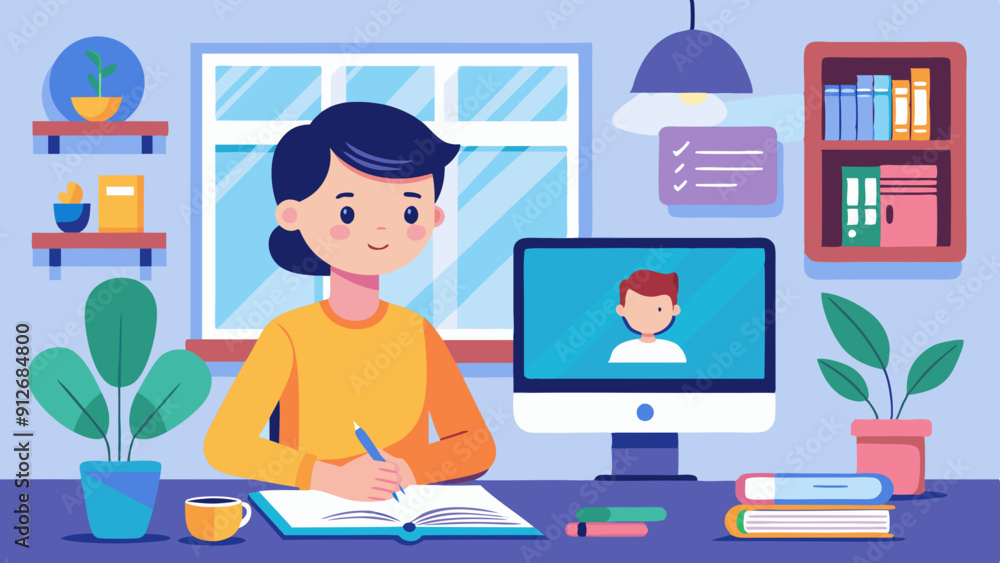 Student Attending Online Class Using Computer at Home. Perfect for: Home Schools, Study Rooms Student Attending Online Class Using Computer at Home. Perfect for: Home Schools, Study Rooms