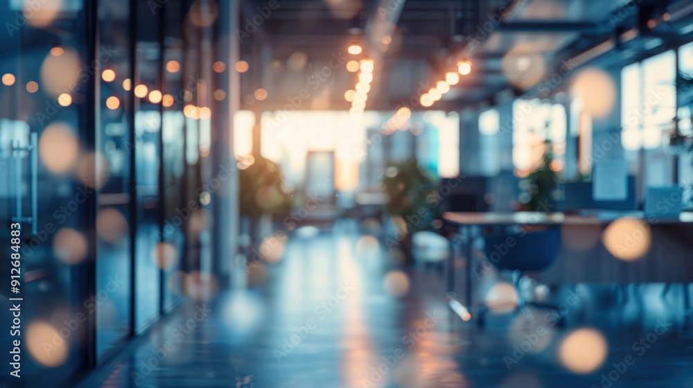 Blurred open office environment with abstract light bokeh, emphasizing a spacious and modern design Blurred open office environment with abstract light bokeh, emphasizing a spacious and modern design