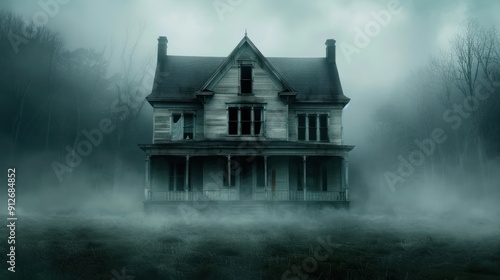 Obraz na płótnie A haunted Victorian house with ornate architecture and ghostly figures visible through the windows w salonie