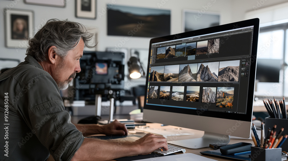 A man working on photo editing at a computer with a large monitor, surrounded by photography equipment and office supplies in a modern workspace. A man working on photo editing at a computer with a large monitor, surrounded by photography equipment and office supplies in a modern workspace.