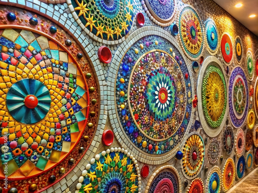 Vibrant circular mosaic tile wall with intricate geometric patterns and colorful glass pieces creating a stunning visual effect in a modern architectural setting. Vibrant circular mosaic tile wall with intricate geometric patterns and colorful glass pieces creating a stunning visual effect in a modern architectural setting.