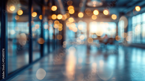 Abstract bokeh lights in a blurred open office space, highlighting a clean and modern interior