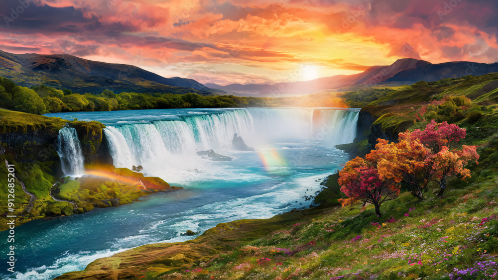Fototapeta premium Majestic Waterfall Paradise at Sunset
