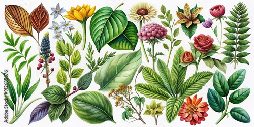 Vibrant botanical illustrations of assorted leaves and flowering plants, expertly arranged in a harmonious sequence, showcasing nature's beauty and intricate details. photo