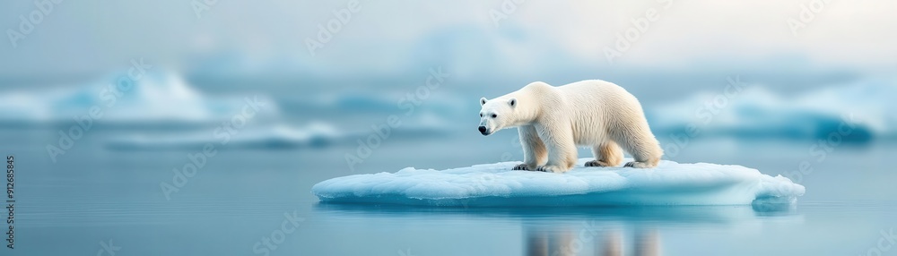 A majestic polar bear stands on a small ice floe amidst a serene, cold Arctic landscape. A majestic polar bear stands on a small ice floe amidst a serene, cold Arctic landscape.