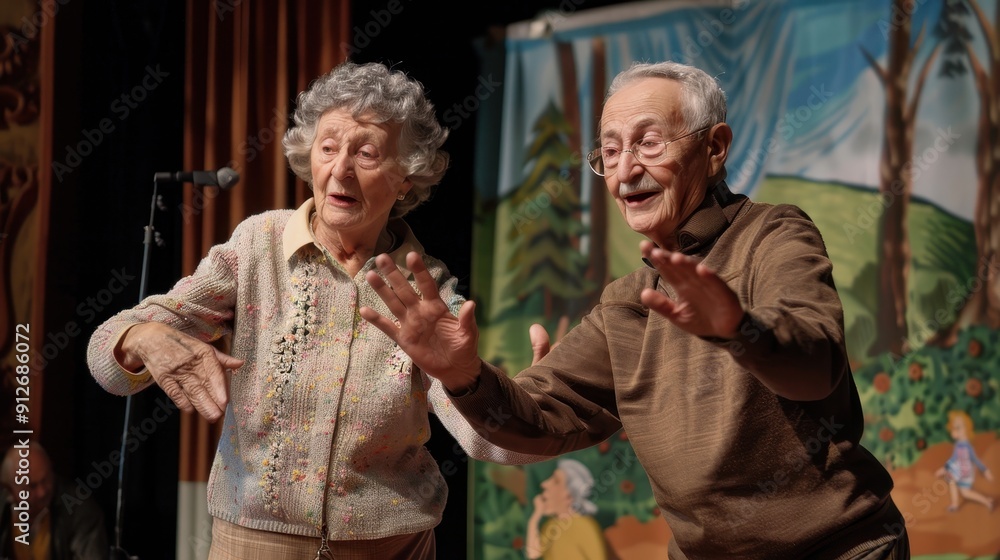 Obraz premium An elderly couple enjoys a lively dance performance at a local community theater event