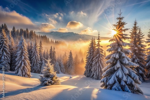 Serene winter landscape in the mountains featuring snow-covered coniferous trees with heavy frost, soft mist, and snow-blanketed forest floor illuminated by warm sunlight.