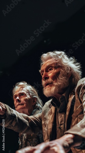 Two elderly actors passionately engage the audience with their powerful performance at a nighttime theatre event