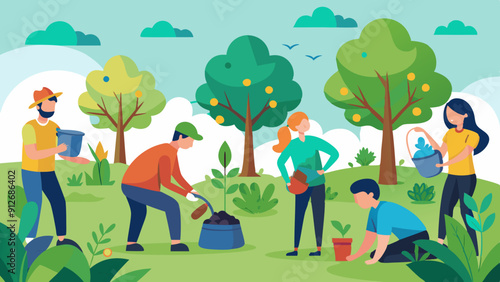 People Participating in Tree Planting Activities. Perfect for: Arbor Day, Earth Day, Environmental Awareness Week