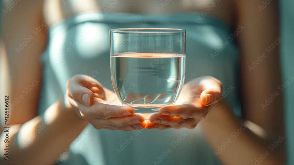 Female hand with one glass of water on light blue background, copy space. Female hand with one glass of water on light blue background, copy space.