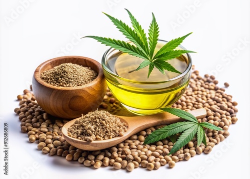 Hemp bowl filled with oil, leaves, and seeds on a white background, highlighting CBD oil and its chemical formula, representing cannabis as a medical herb.