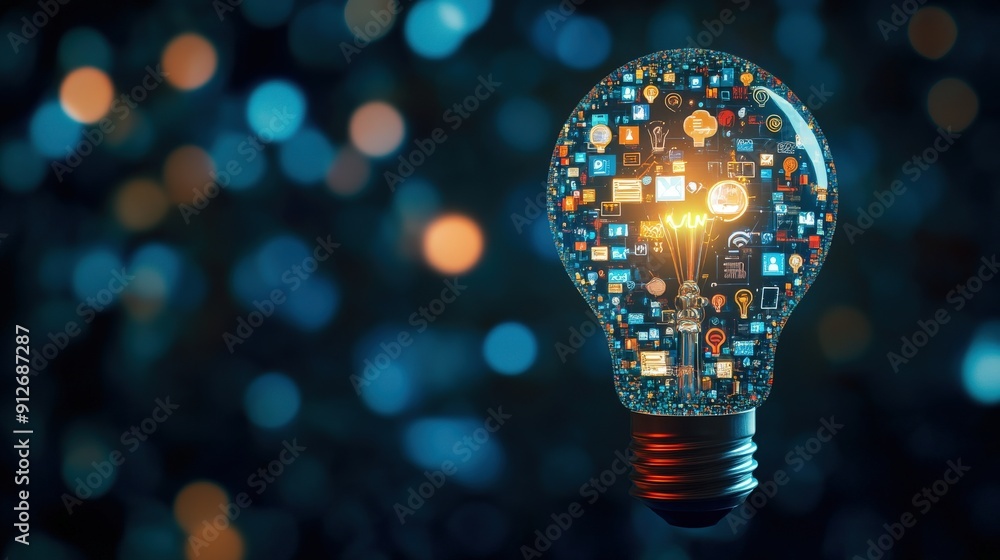 A light bulb with a glowing filament inside, filled with many small colorful icons and symbols. A light bulb with a glowing filament inside, filled with many small colorful icons and symbols.