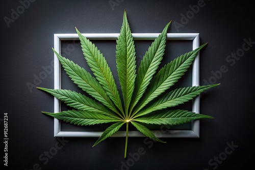 A delicate, lush green medicinal marijuana leaf is perfectly centered within a sleek, modern white frame, set against a dramatic black background. photo