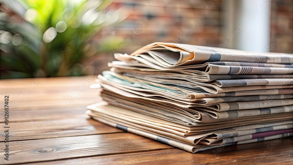 A stack of newspapers on a table , journalism, print media, current events, news, headlines, information A stack of newspapers on a table , journalism, print media, current events, news, headlines, information