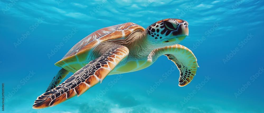 Obraz premium A majestic turtle gliding gracefully through crystal-clear ocean waters, showcasing vibrant colors and serene aquatic beauty.