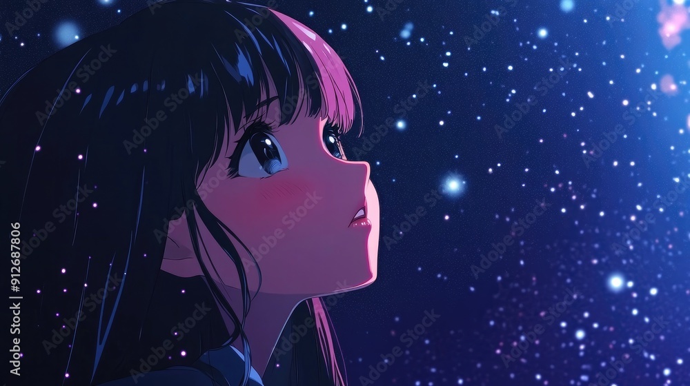 Cute anime girl with a starry night background, looking dreamy, in vector style Cute anime girl with a starry night background, looking dreamy, in vector style