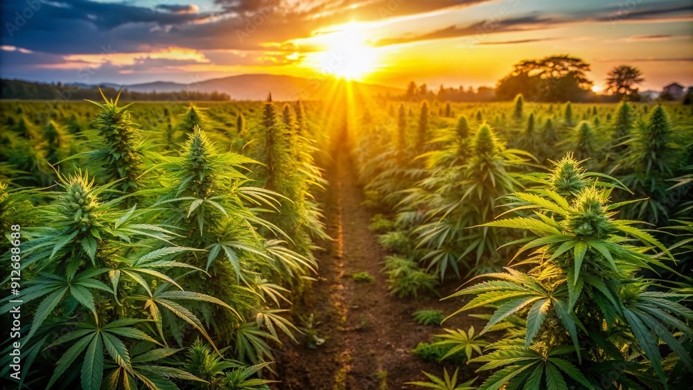 Warm golden light of sunset illuminates a serene landscape of lush green cannabis plants, rows stretching into the distance in a tranquil atmosphere. Warm golden light of sunset illuminates a serene landscape of lush green cannabis plants, rows stretching into the distance in a tranquil atmosphere.