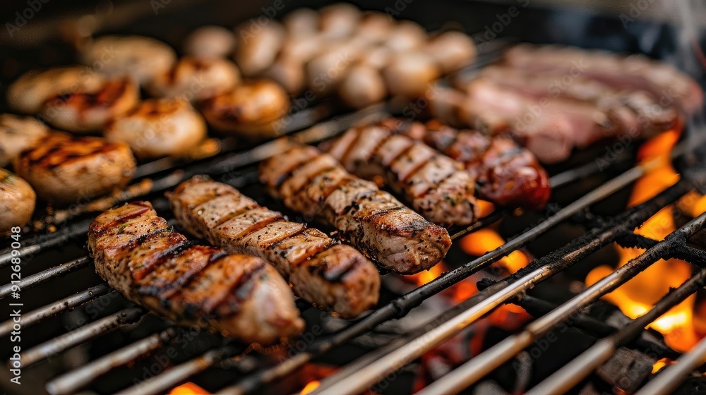 Delicious grilled meats on a barbecue, showcasing juicy sausages and steaks sizzling over a hot flame, perfect for summer gatherings. Delicious grilled meats on a barbecue, showcasing juicy sausages and steaks sizzling over a hot flame, perfect for summer gatherings.