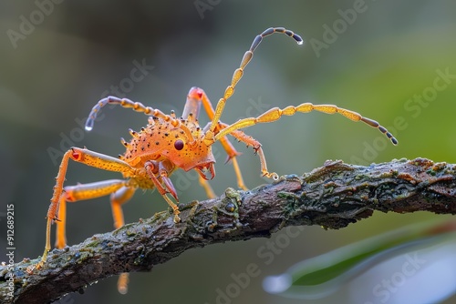 Macro photography of an orange lantern bug standing on a branch with water drops on it photo