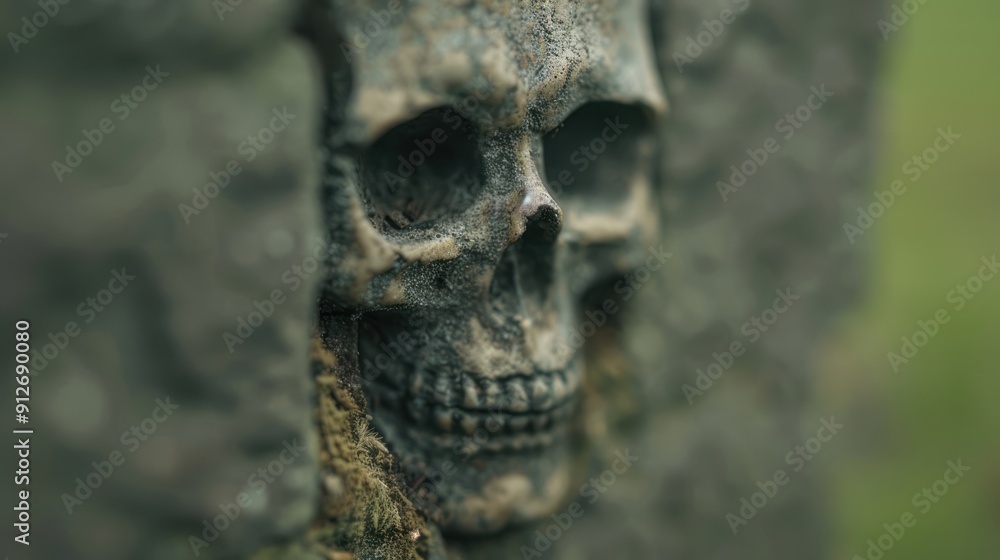 Fototapeta premium A spectral figure with a skeletal face, emerging from the darkness on the creepy forest path