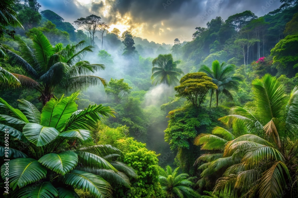 Vibrant verdant foliage of exotic trees and lush greenery illuminate the misty atmosphere of a serene and secluded tropical forest background. Vibrant verdant foliage of exotic trees and lush greenery illuminate the misty atmosphere of a serene and secluded tropical forest background.