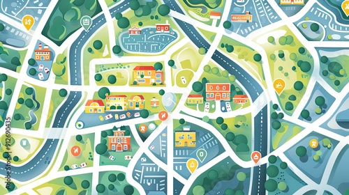 Vector infographic of a city map with roads, buildings, and navigation icons. Detailed and easy to read. Illustrator,vector