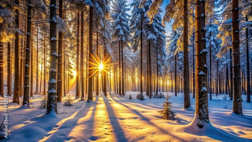 Winter forest bathed in the soft glow of the low sun , winter, forest, snow, cold, sunlight, trees, nature, tranquil, calm