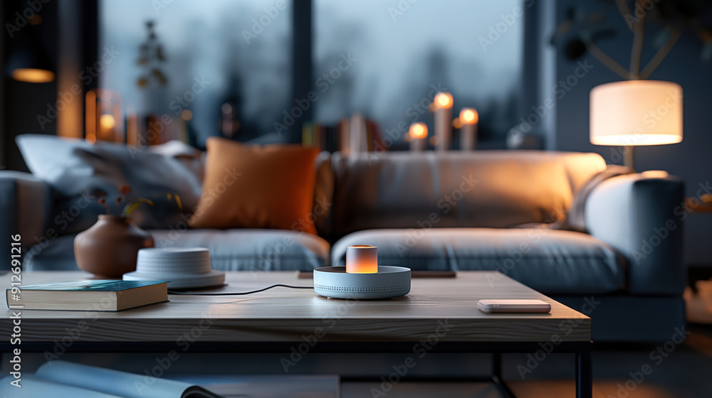 Cozy living room with a wooden coffee table featuring a lit candle, book, and smart speaker, with a sofa, cushions, ambient lighting, and candles in the background. Cozy living room with a wooden coffee table featuring a lit candle, book, and smart speaker, with a sofa, cushions, ambient lighting, and candles in the background.