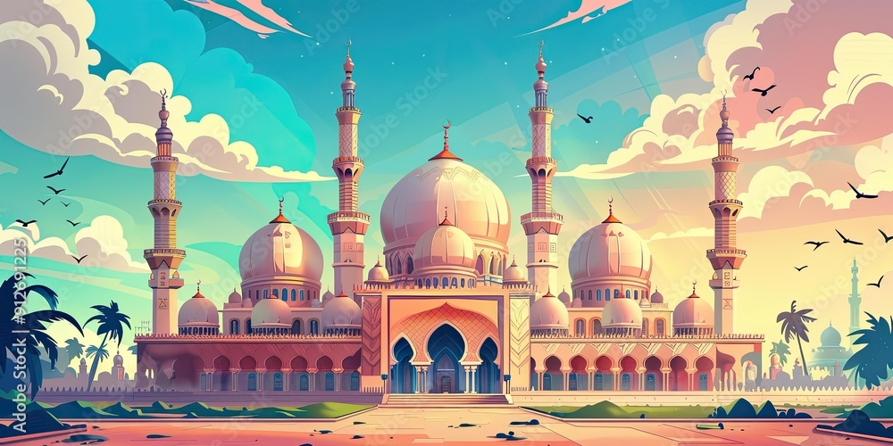 Fotografie A grand mosque with multiple domes and minarets.