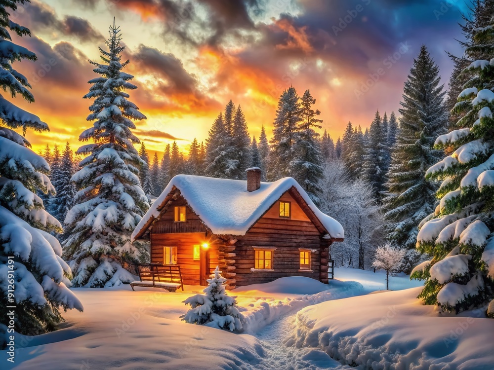 Fototapeta premium Cozy log cabin nestled among snow-covered evergreens, surrounded by vibrant winter hues, warm golden lighting, and whimsical watercolor textures, evoking a sense of peaceful seclusion.
