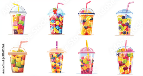Plastic cup with ice and fresh fruit mix, Drinks with fruit and ice in plastic cups