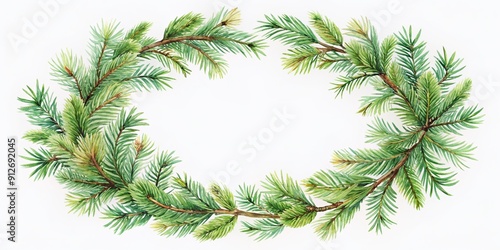 Delicate watercolor wreath featuring lush green pine branches and twigs, beautifully arranged in a circular frame, isolated on a soft white background.