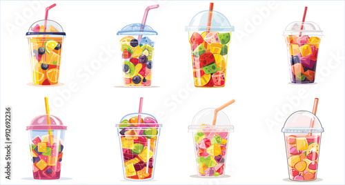 Plastic cup with ice and fresh fruit mix, Drinks with fruit and ice in plastic cups