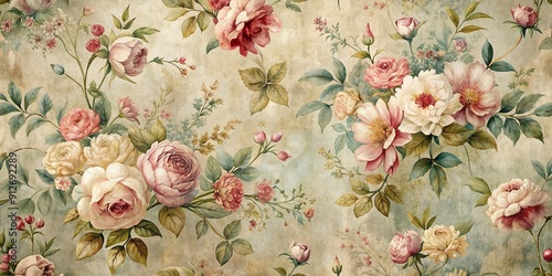 Softly faded vintage floral pattern on distressed wallpaper backdrop, rendered in rich oil technique, evokes nostalgia and serenity in a warm, elegant, and rustic atmosphere. photo