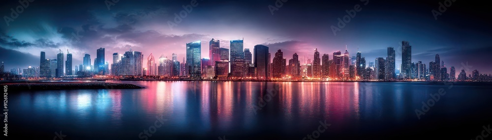 Fototapeta premium Urban nightscape, vibrant colors, city lights, wide shot, dynamic