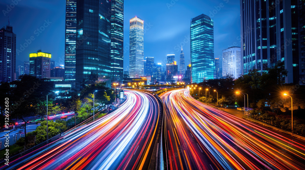 Naklejka premium Vibrant cityscape at night with streaks of light from moving vehicles creating dynamic energy and modernity in urban life.