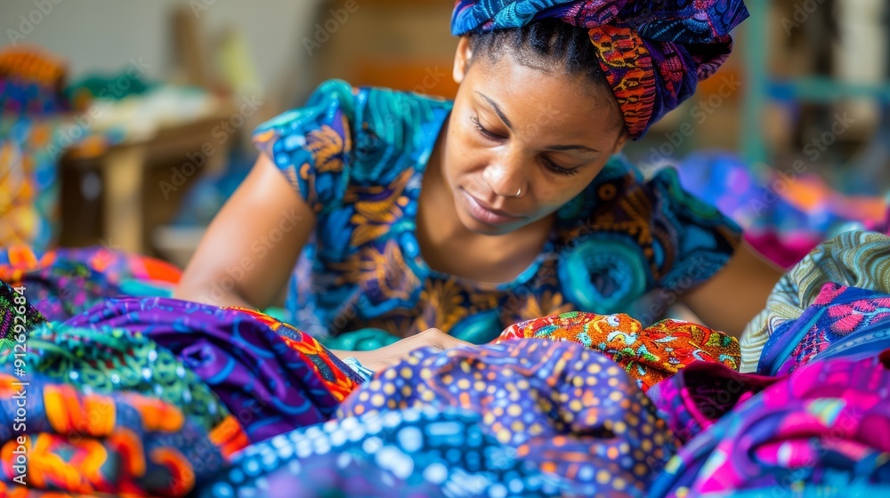 Fototapeta premium African Women in Colorful Traditional Attire Inspecting Vibrant Fabrics for Cultural Craft. Generative ai