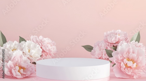 Mockup with an empty white podium and floral peonies flowers on a pink pastel background. 3D render.