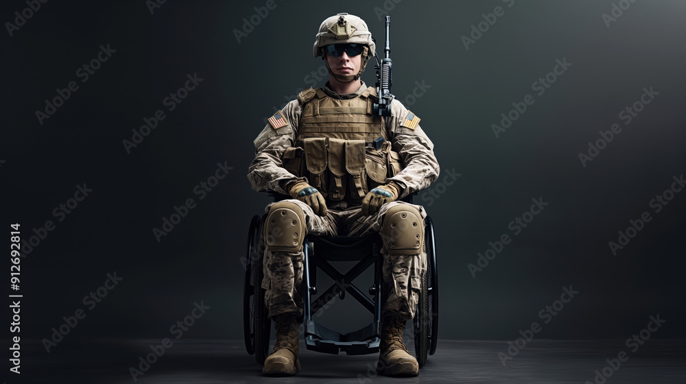 A soldier in full combat gear sits in a wheelchair, wearing a helmet, tactical vest, and sunglasses, holding a rifle. The background is dark and plain. A soldier in full combat gear sits in a wheelchair, wearing a helmet, tactical vest, and sunglasses, holding a rifle. The background is dark and plain.