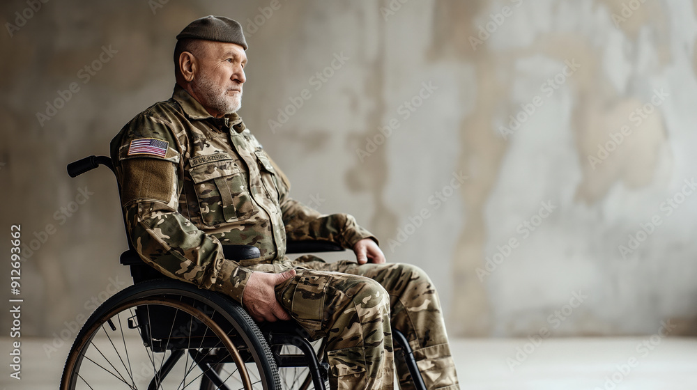 Fototapeta premium Elderly man in military uniform and beret sitting in a wheelchair with American flag patch on the arm, against a plain background.