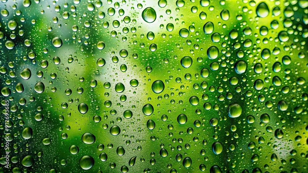 Close-up water droplets on a glass with green background creating a refreshing natural abstract pattern Close-up water droplets on a glass with green background creating a refreshing natural abstract pattern