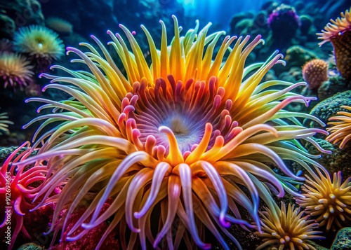 Vibrant sea anemone waves delicate tentacles in ocean currents, showcasing intricate patterns and kaleidoscope colors amidst coral reef's biodiverse, underwater landscape.